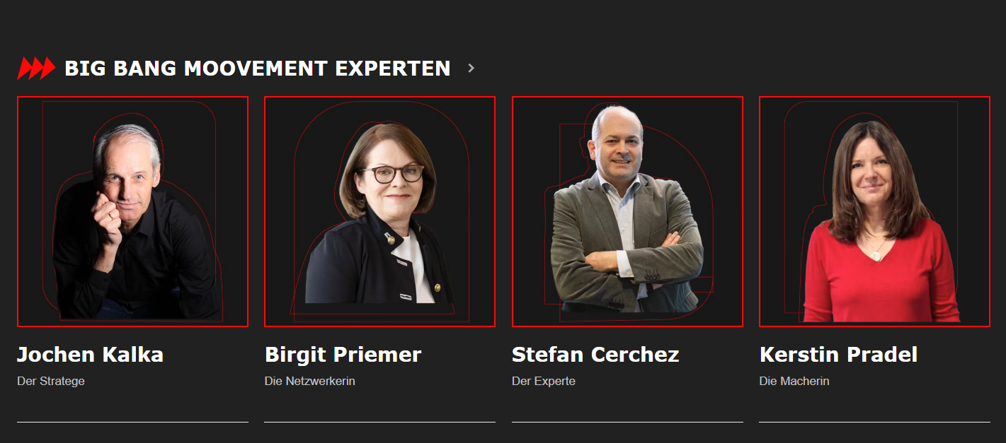 Porträtfotos von vier Personen vor schwarzem Hintergrund mit roten Rahmen und weißen Texten darunter
