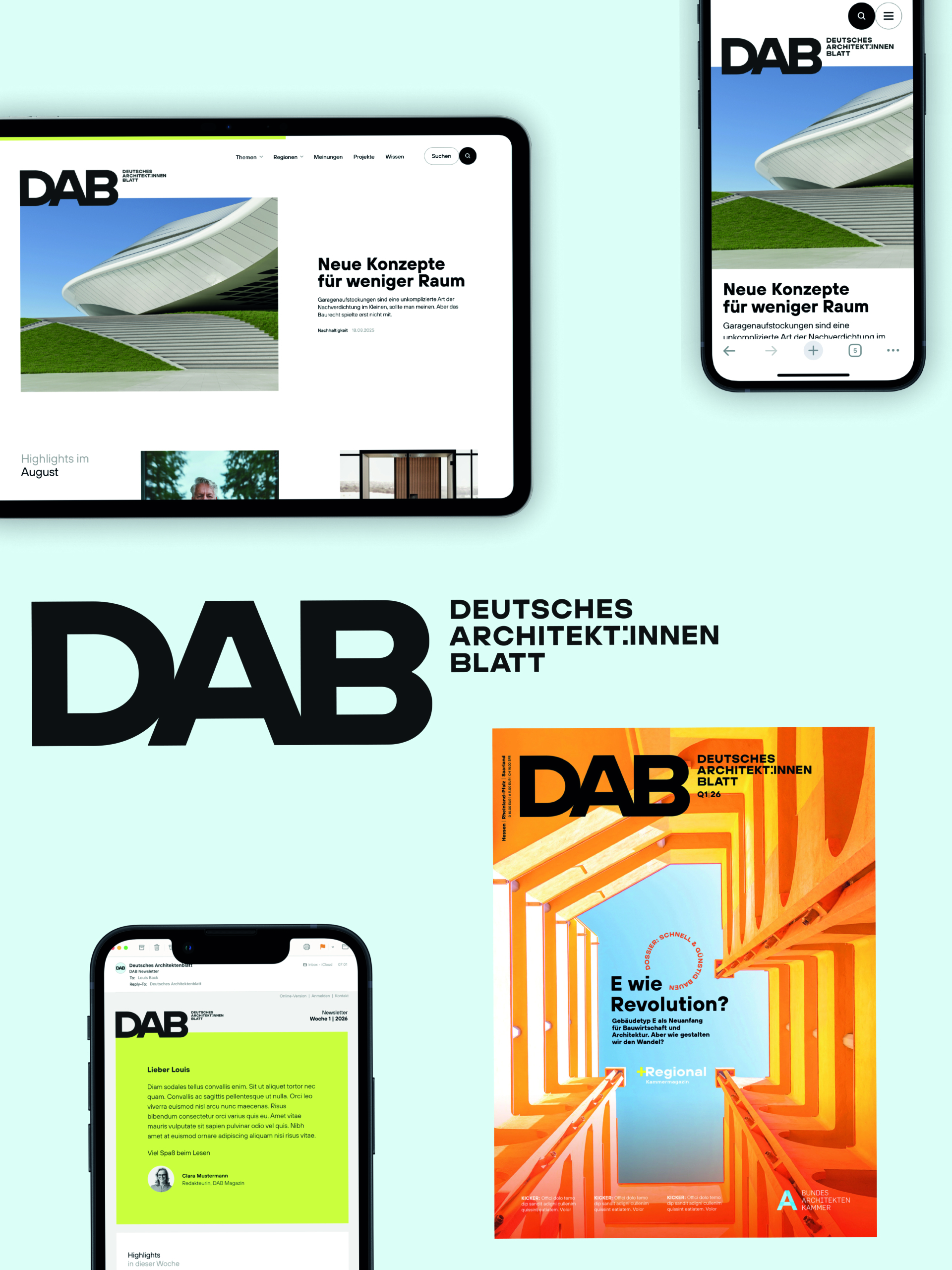 Vier digitale Geräte zeigen verschiedene Ansichten der Webseite des Deutschen Architektinnen Blatts mit dem Schriftzug 'DAB'